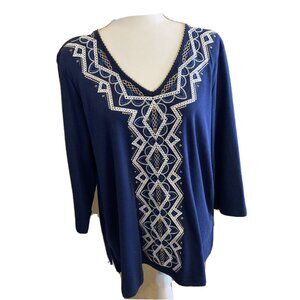 Alfred Dunner embroidered Women's Top size L navy geometric